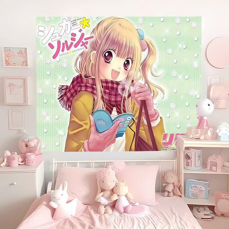 Manga Style Tapestry, Cute Girl Wall Hanging for Dorm Room, Kawaii Bedroom Decor Photo Backdrop