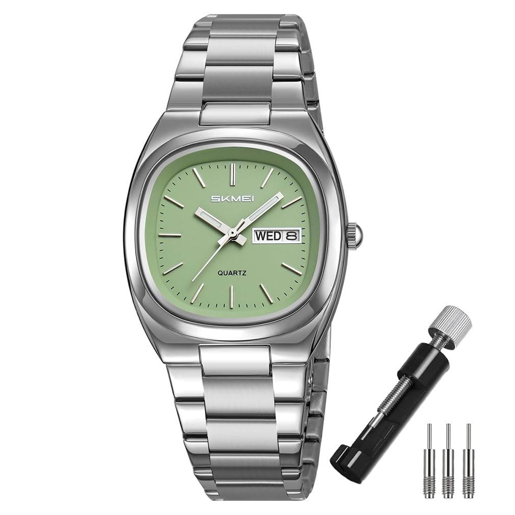 

Женские квадратные наручные часы SKMEI, Простые, Стильные, Водонепроницаемые, Нержавеющая сталь, Отображение даты, Отображение дня недели, Серебристо-зеленые, Идеально подходят в качестве подарка