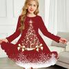 Girl Casual Golden Christmas Tree Print Round Neck Long Sleeve Dress Kid Princess Dress