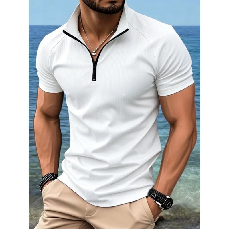 Men Summer Slim Fit Half Zip Stand Collar Short Sleeve T Shirt S белый