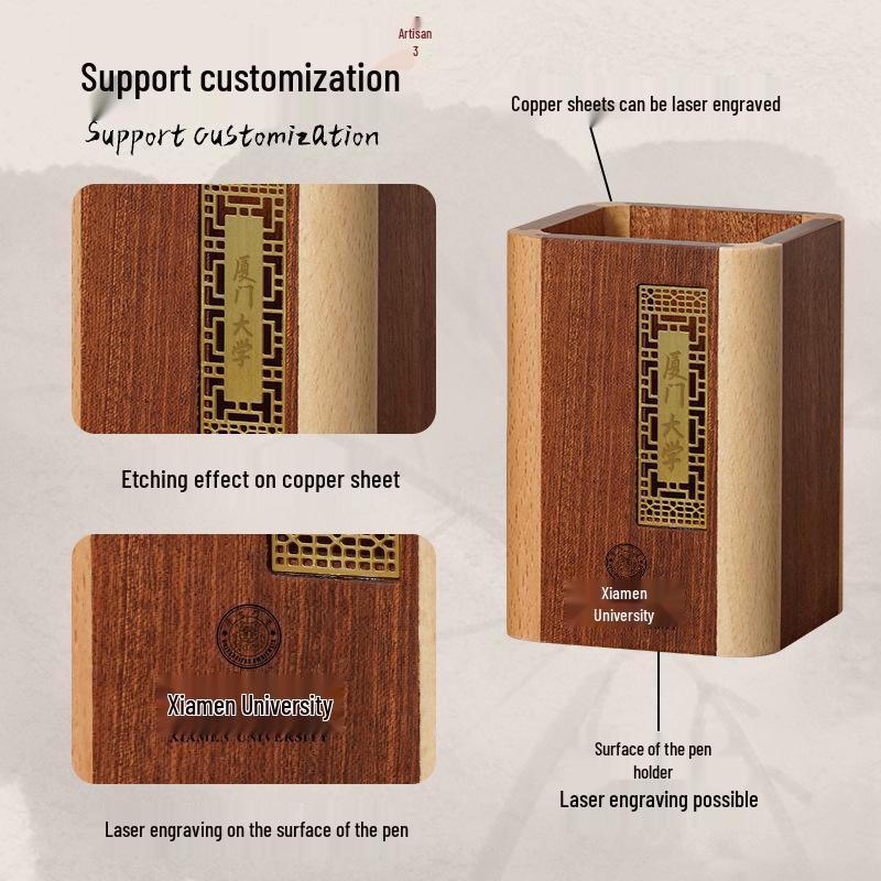 National Style Wood Pen Holder Gift Set: Creative Office Storage Box & Thermos Cup, Customizable Logo