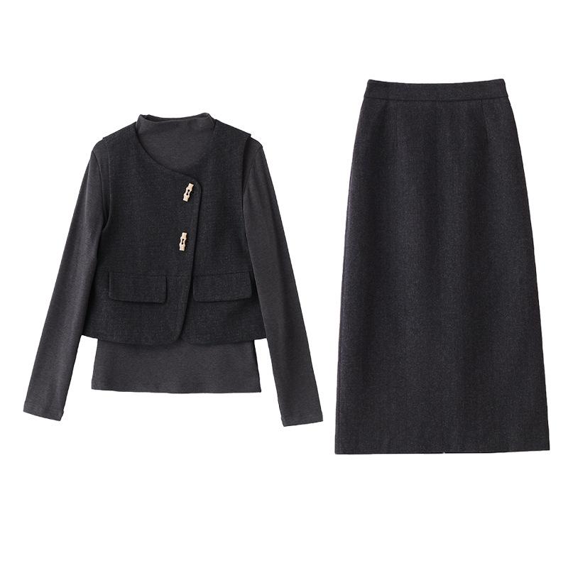 Chic Women's 2025 Winter Three-Piece Set: Fashionable Long-Sleeve Vest & Half-Body Skirt - ME5502
