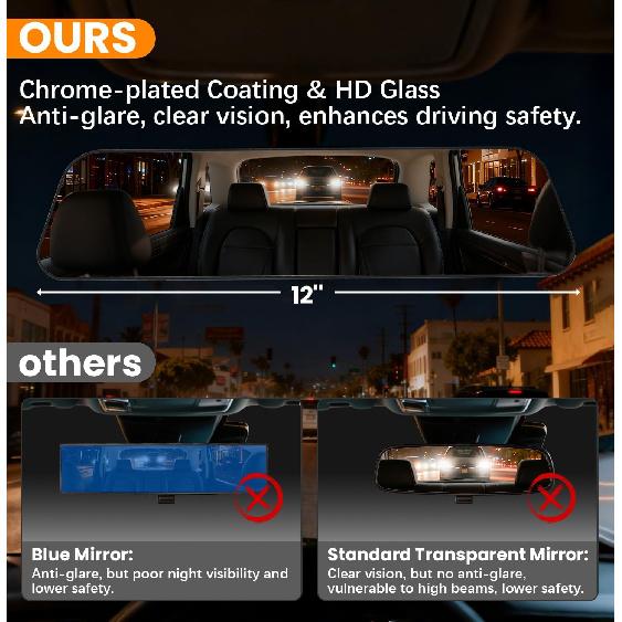 Rear View Mirror, 12 Inch Chrome Anti-Glare Panoramic Rear Mirrors Universal Convex Car Interior Clip On Extra Big Wide Angle Rearview Mirror