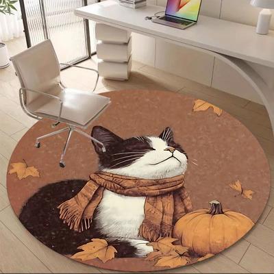 1PC Autumn Cat Office Round Area Rug, Indoor Mat Suitable ForOffice, Under Office Chairs Bedroom Living Room Home Decor, Room Deco, F034