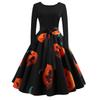 Women's Vintage Festival Long A-line Skirt Printed Round Neck Long Sleeve Swing Dress