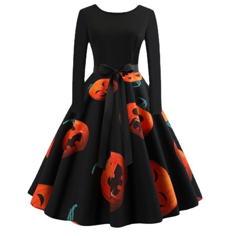 Women's Vintage Festival Long A-line Skirt Printed Round Neck Long Sleeve Swing Dress