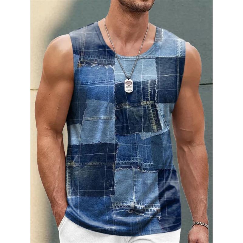 Retro Denim Patchwork Grafik Herren Tanktops Sommer Mode Ärmellos 3D-Druck Weste Lässige Alltags T-Shirts Tops