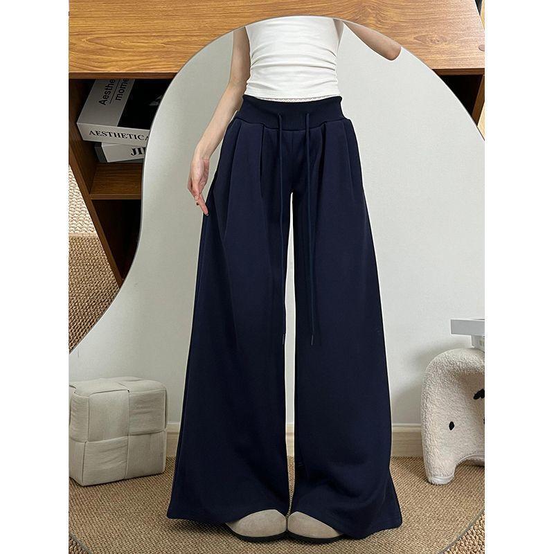 Amerikanische Retro-Hose mit weitem Bein für Damen, Sommer, hohe Taille, Kordelzug, lässige Hose, vielseitiger fauler Stil, Anhänger, Bodenwischer-Hose