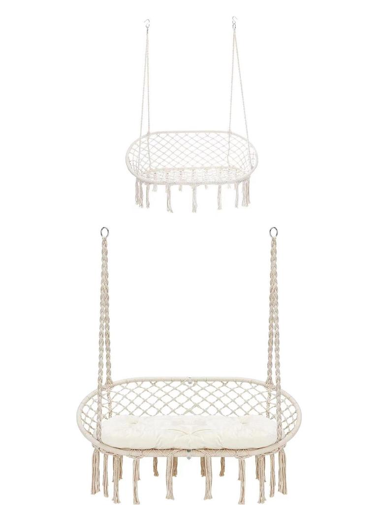 Nordic Indoor Outdoor Double Hanging Chair Swing with Tassel Cradle - Cotton and Linen Hammock for Homestay or Balcony.