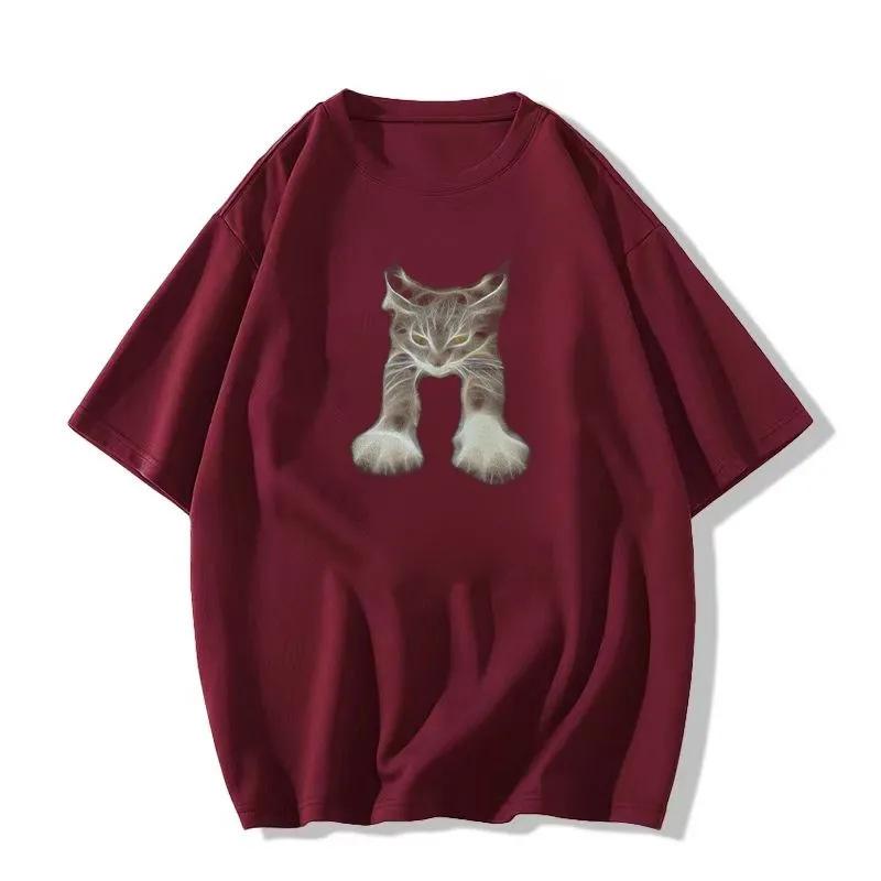 100% Pure Cotton Women's Cat Print Short Sleeve T-Shirt, Plus Size, Slimming Round Neck, Summer 2024 Collection.