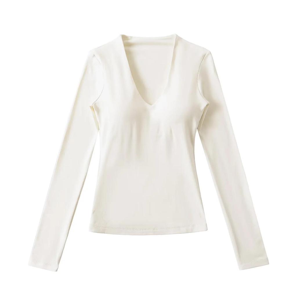 Women's V-Neck Long-Sleeve Base Layer Top with Chest Pads – Slimming, Sexy, and High-end Design for Autumn and Winter
