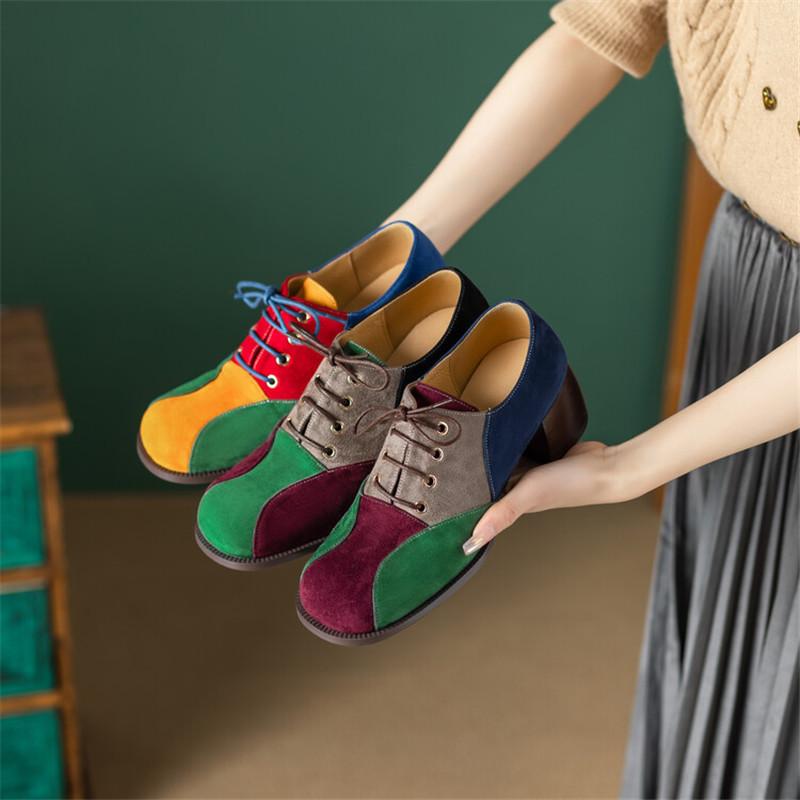 Fashion New Spring Mixed Color Loafers Woman Shoes Chunky Heels Round Toe High Heels Shoes for Women Lace Women Pumps Zaptos De Mujer