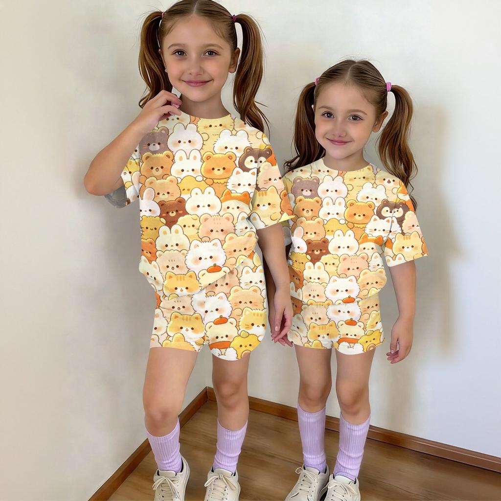Kids Casual Short Sleeve Top and Shorts Set Animal Print Lightweight Comfortable Soft Fabric Summer Outfit for Boys and Girls