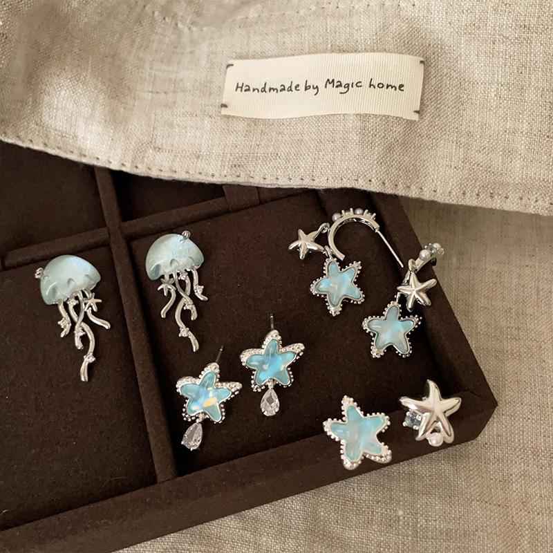 Fresh Blue Star Jellyfish Earrings - Unique, Fashionable, Elegant, Versatile Studs for Women