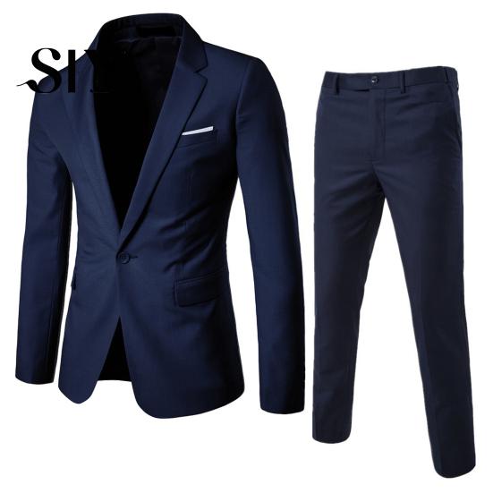 Slim Fit Business Outfit 2Pcs/Set Men Blazer Suit Pants Set Lapel Long Sleeve Single Button Pockets Coat Workwear