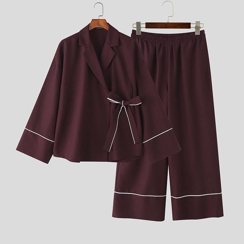 INCERUN Two Pieces Outfits Men Long Sleeve Kimono Shirt and Long Straight Pants Sets