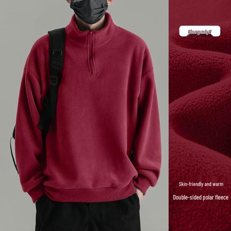 Men's Double-Sided Fleece Hoodie, Autumn Winter Warm Long Sleeve T-Shirt, Half Zip, Stand Collar, Loose Fit.