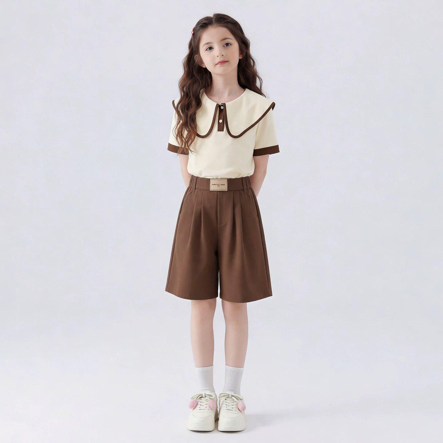 Girls Stylish Summer Doll Collar Two-Piece Set: Casual Fashion Shorts Ensemble 130cm хаки