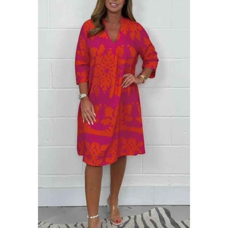 Women Floral Print Dress V Neck 3 4 Sleeve Midi Fall New Casual European American Style