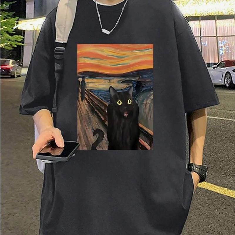 New Summer Men's Fashion T-shirt Oil Painting Cat Printed Men's T-shirt Top