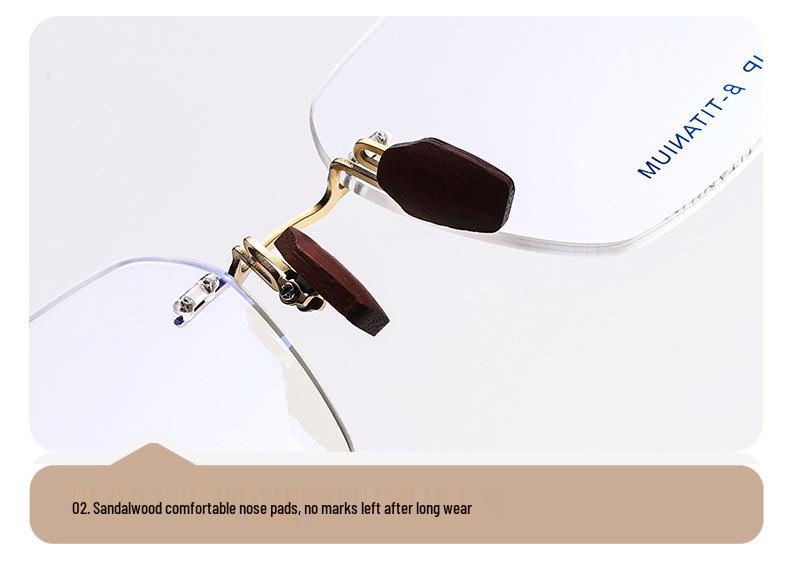 Frameless Sandalwood Titanium Glasses with Flat Lenses, Myopia-Compatible, W0006
