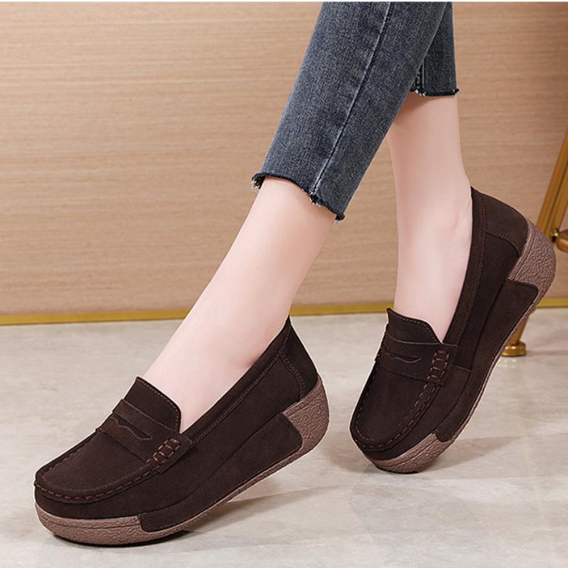 Cow Suede Women Platform Shoes Fashion Wedge Heels Elegant Ladies Casual Walking Shoes Slip-on Loafers
