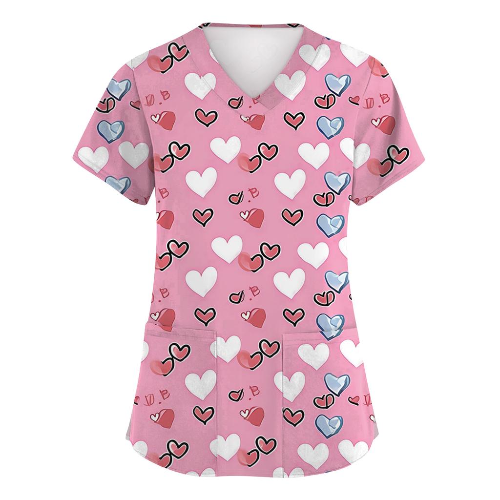 Damenmode Kurzarm Valentinstag-Print V-Ausschnitt Tasche Arbeitskleidung Top