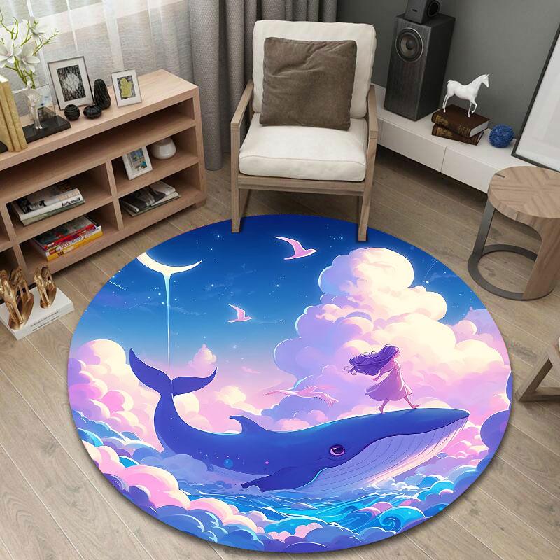Eclectic Round Japanese Multicolor Accent Rug, Non-Slip Floor Mat for Laundry Room