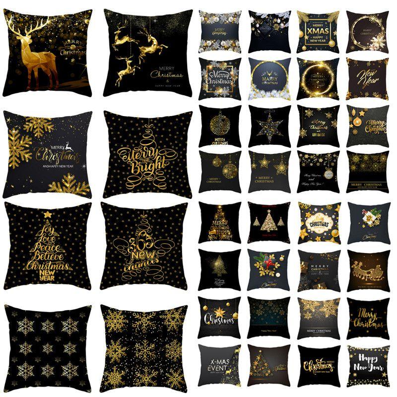 18" Merry Christmas Cushion Cover Home Decor Xmas Throw Pillow Case Gold Black
