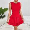 Women's Summer Sleeveless Mini Dress Sexy Round Neck Ruched Ruffle Hem Solid Color Bodycon Casual Dress