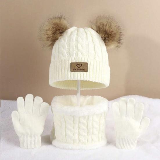 Yousheng 3Pcs/Set Kids Winter Hat Scarf Gloves Set Two Plush Ball Decor Twist Texture Brimless Hat Knitting Gloves Fleece Lining Neck Gaiter Set