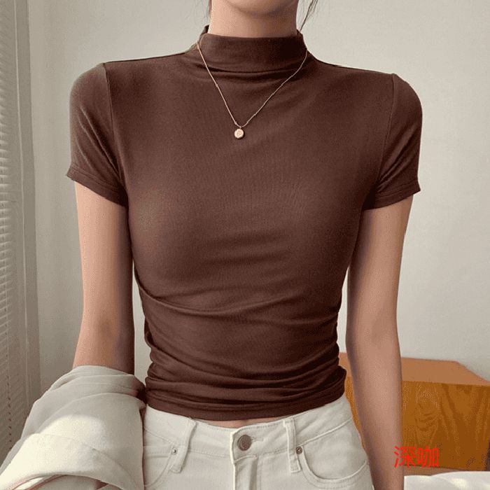 

White short-sleeved T-shirt women s spring and summer 2025 new half-turtleneck temperament slim-fitting half-sleeved t-shirt bottoming shirt top 2XL колір темно кави