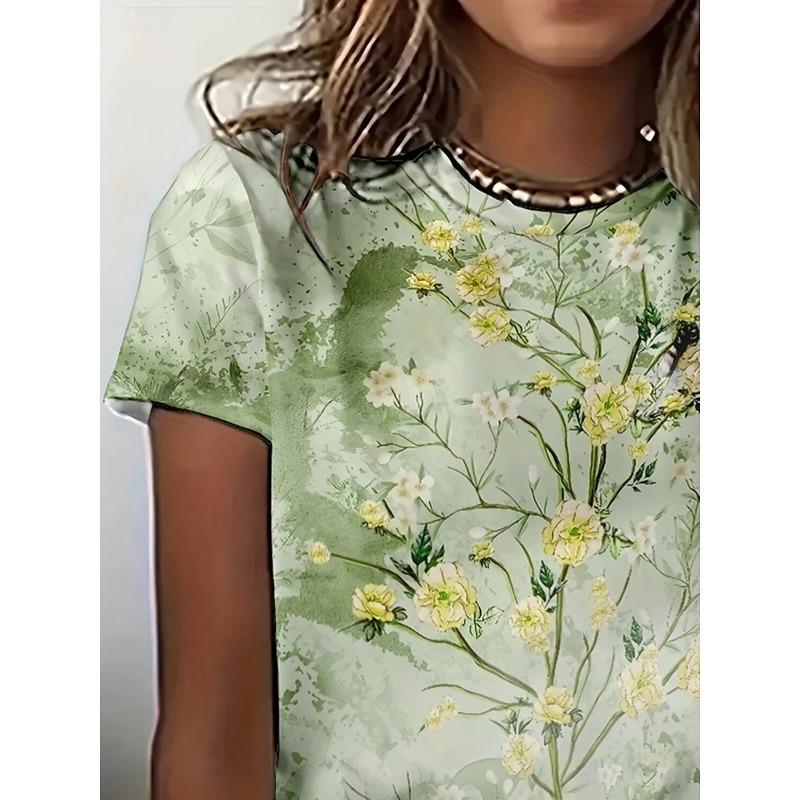 Damen T-Shirt Blumengrafik Pflanzen Vintage Stilvoll Klassisch Kurzarm Rundhals T-Shirt Reguläre Oberteile Urlaubskleidung Print Sommer