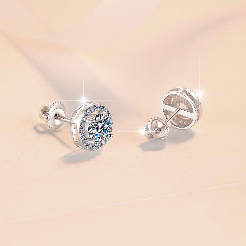 New S925 Sterling Silver Round Moissanite Screw-Back Earrings