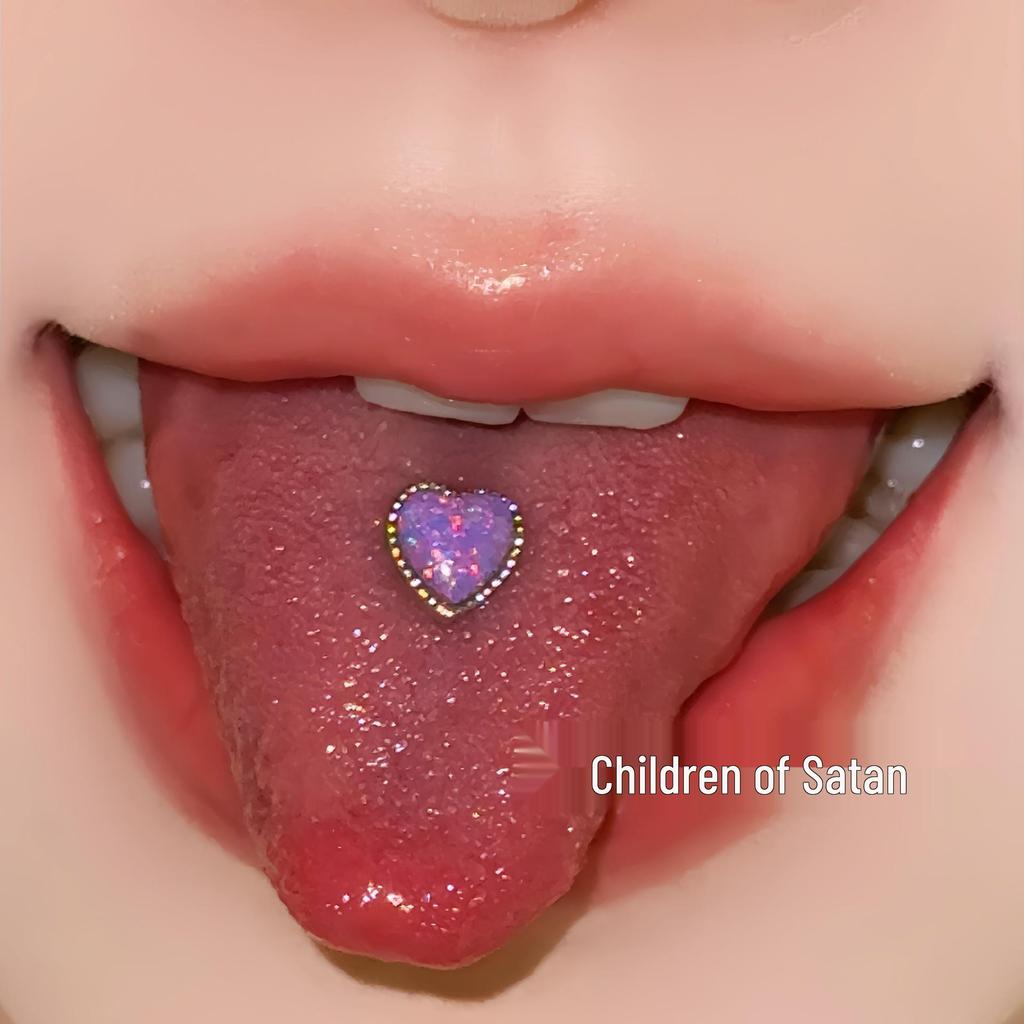 Satan's Child Pampered Mermaid Heart Opal Tongue Stud - Titanium Steel Chain Tongue Ring