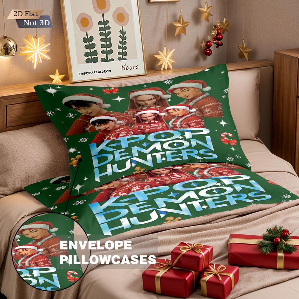 3pcs Christmas K-Pop Demon Hunters Print coreless Bedding Set Soft Dormitory Bedroom Multiple Sizes Machine Washable