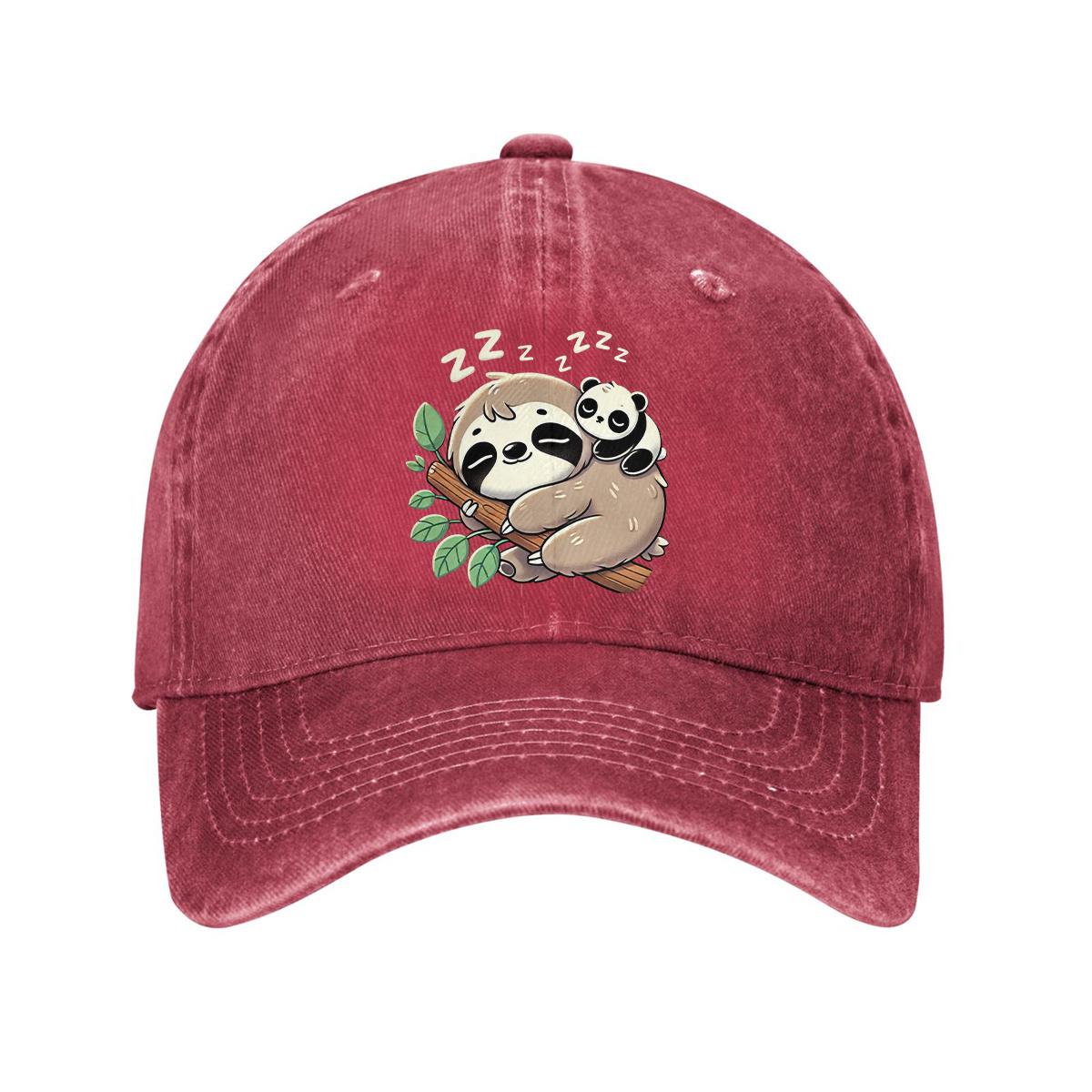

Sleeping Sloth and Panda Print Washed Baseball Cap Adjustable Cotton Dad Hat Casual Unisex Outdoor One Size