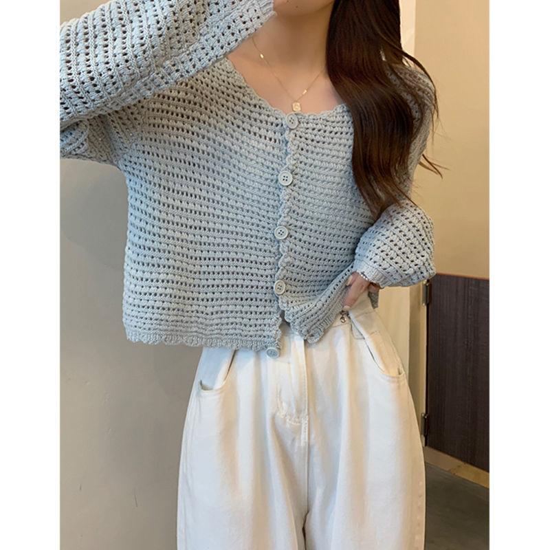 

Hollowed-out V-neck Long-sleeve Knitted Cardigan for Women Early Autumn Versatile Thin Outerwear Top One size синій