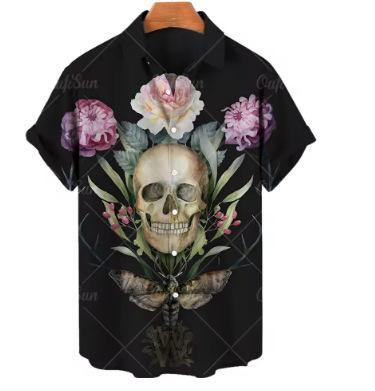 2025 Fashion Men s Short Sleeves, Skull Print Hawaiian Shirt Summer Casual Top Beach Shirt XXS