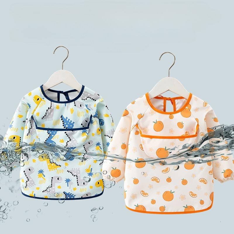 Kids Long-Sleeve Waterproof Bib Apron Cartoon Print Stain-Resistant Feeding Coveralls with Pocket Easy Clean Toddler