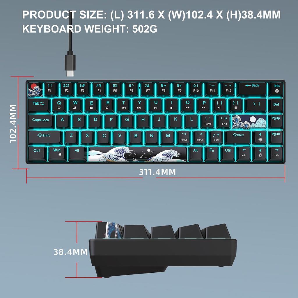 68 Keys 60% Mechanical Gaming Keyboard Hot Swappable Blue Switch Ice Blue Backlight Detachable USB-C Cable For Windows Mac Linux