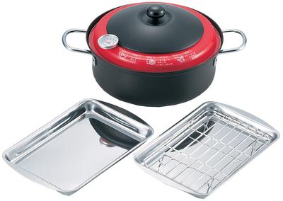 Tamahashi Tempura Pot, 23cm, for Gas Stovetops, with Thermometer, Strainer, and Two Trays, "Shokusaitei" Tenmi (TP-6)