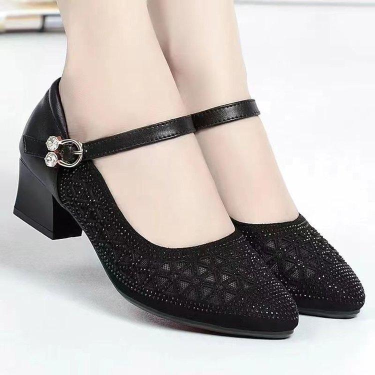 Summer Breathable Single Shoes Sandals Female Mid-heeled Sandals Mesh Sandals Cave Shoes Hollow Breathable Single Shoes Thick with Soft Bottom Shoes