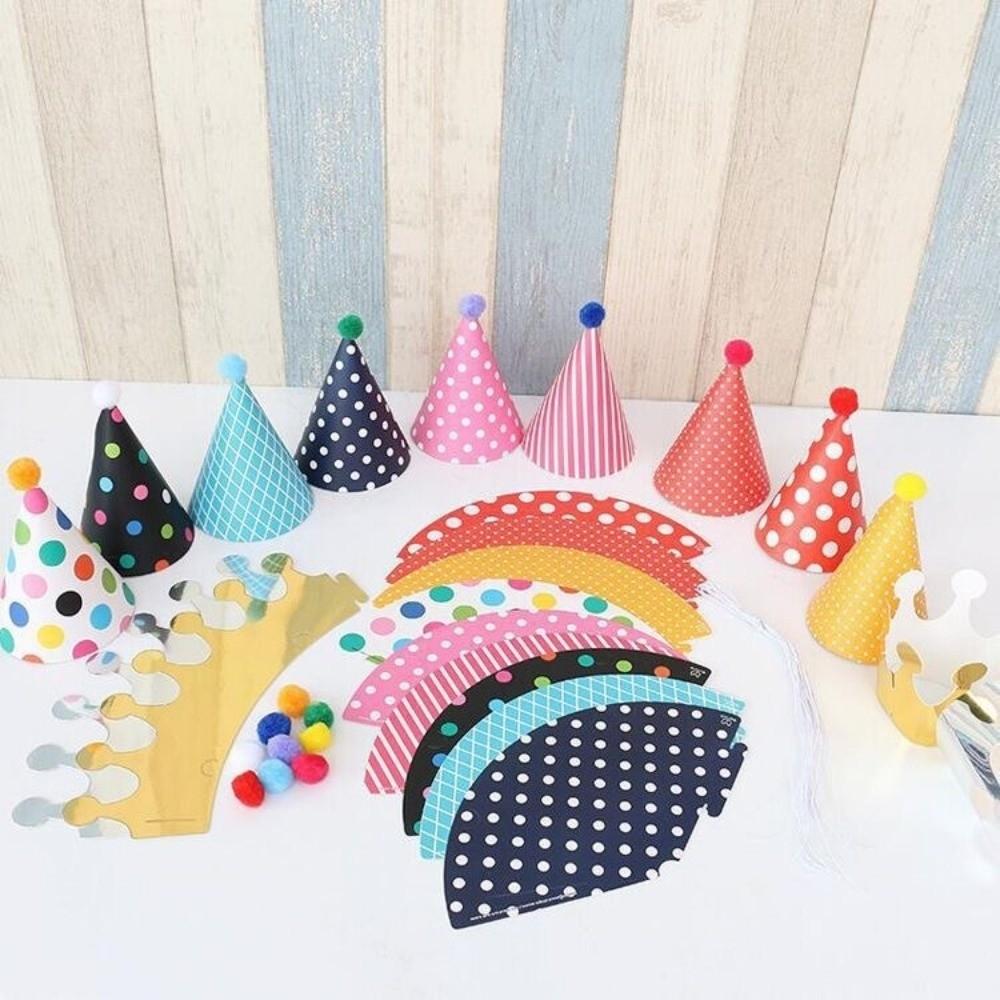 Polka Dot Birthday Party Hats Colorful Paper Birthday Hat Set DIY Handmade with Pom Poms Baby Birthday Headband Baby Shower