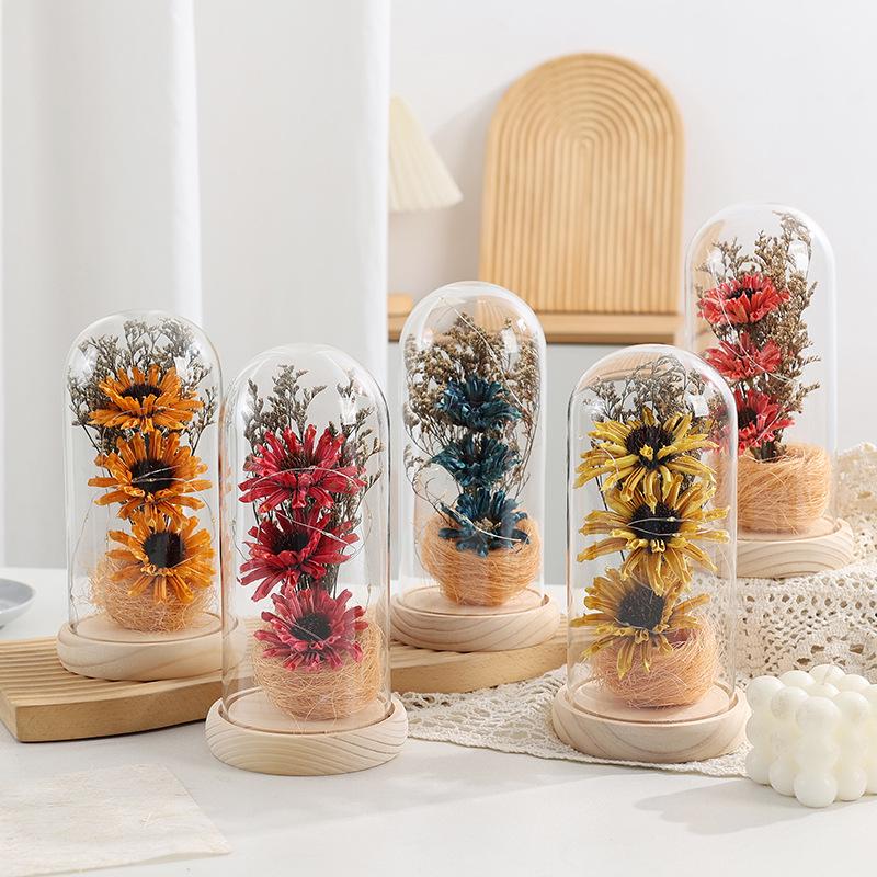 Ornamento de Luz Cúpula de Vidro Flor Rosa Folha de Ouro Feito à Mão - Caixa de Presente Dia dos Namorados