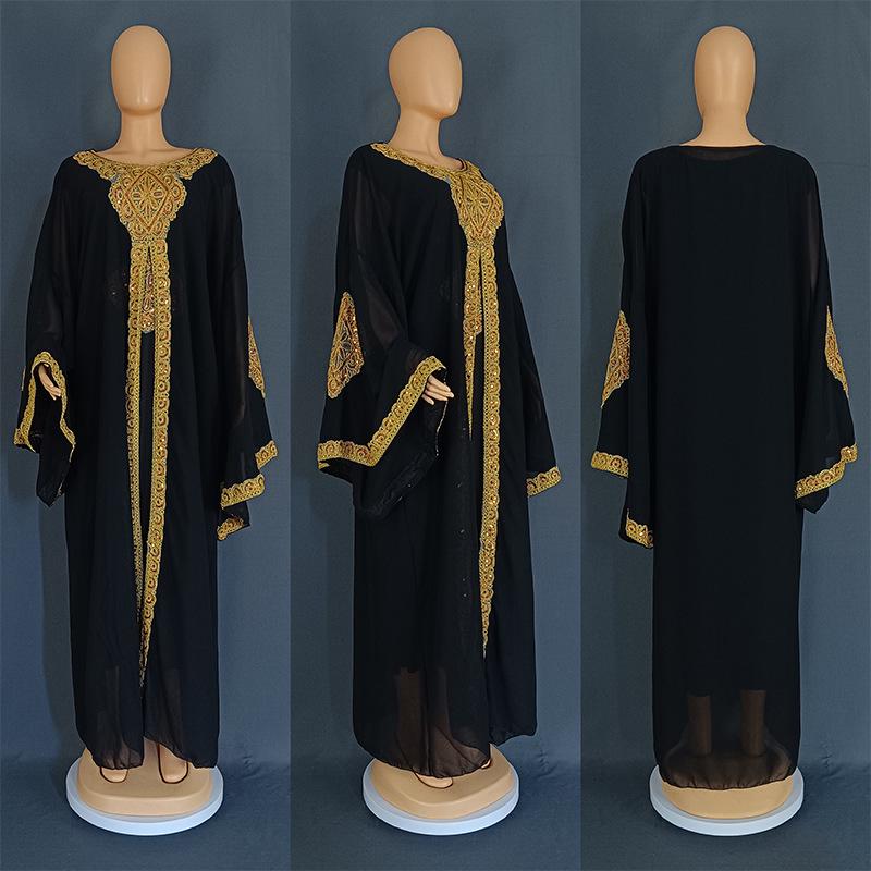 Embroidered Flared Sleeve Jalabiya with Gold Lace