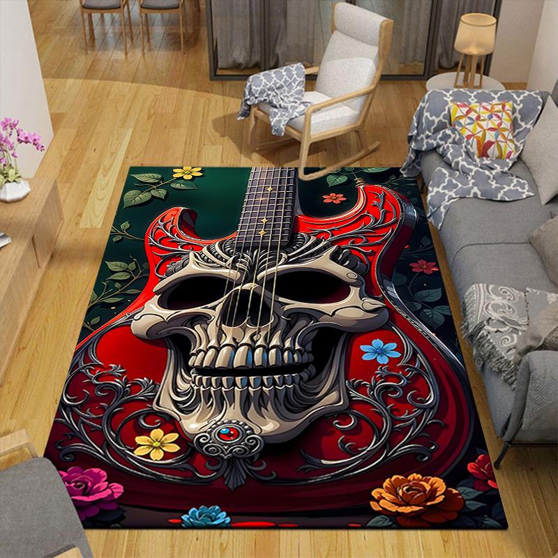 1Pc Skull Guitar Artwork Rug, Office Carpet Indoor Outdoor Doormat, Non-Slip, Comfortable, Living, Christmas Halloween,  Xmas Gift G1181