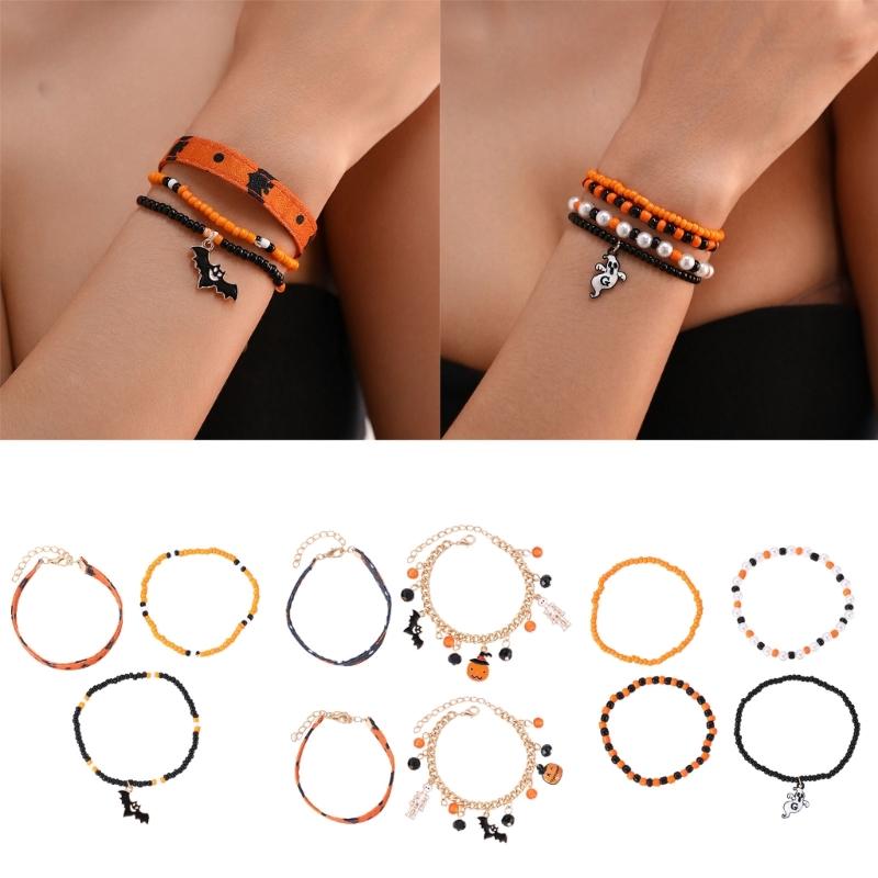 Halloween Beaded Bracelets Set Pumpkin Skull Bracelets for Women Jewelry Gift