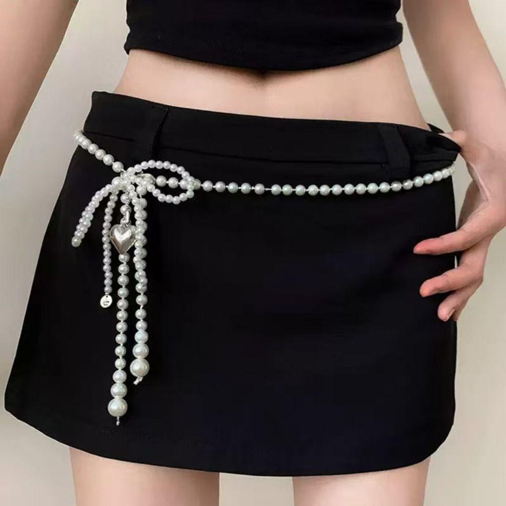 Korean Style Fresh Waist Chain Love Pendant Women's Body Jewelry Bow Pearl Waist Chain  Decoration