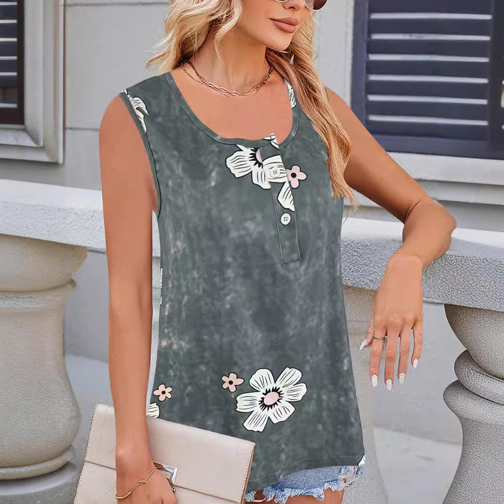 Women's summer vest casual and fashionable round neck sleeveless flower print vest